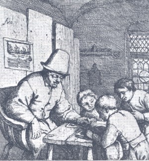 Schoolmeester met drie leerlingen door Adriaen van Ostade.